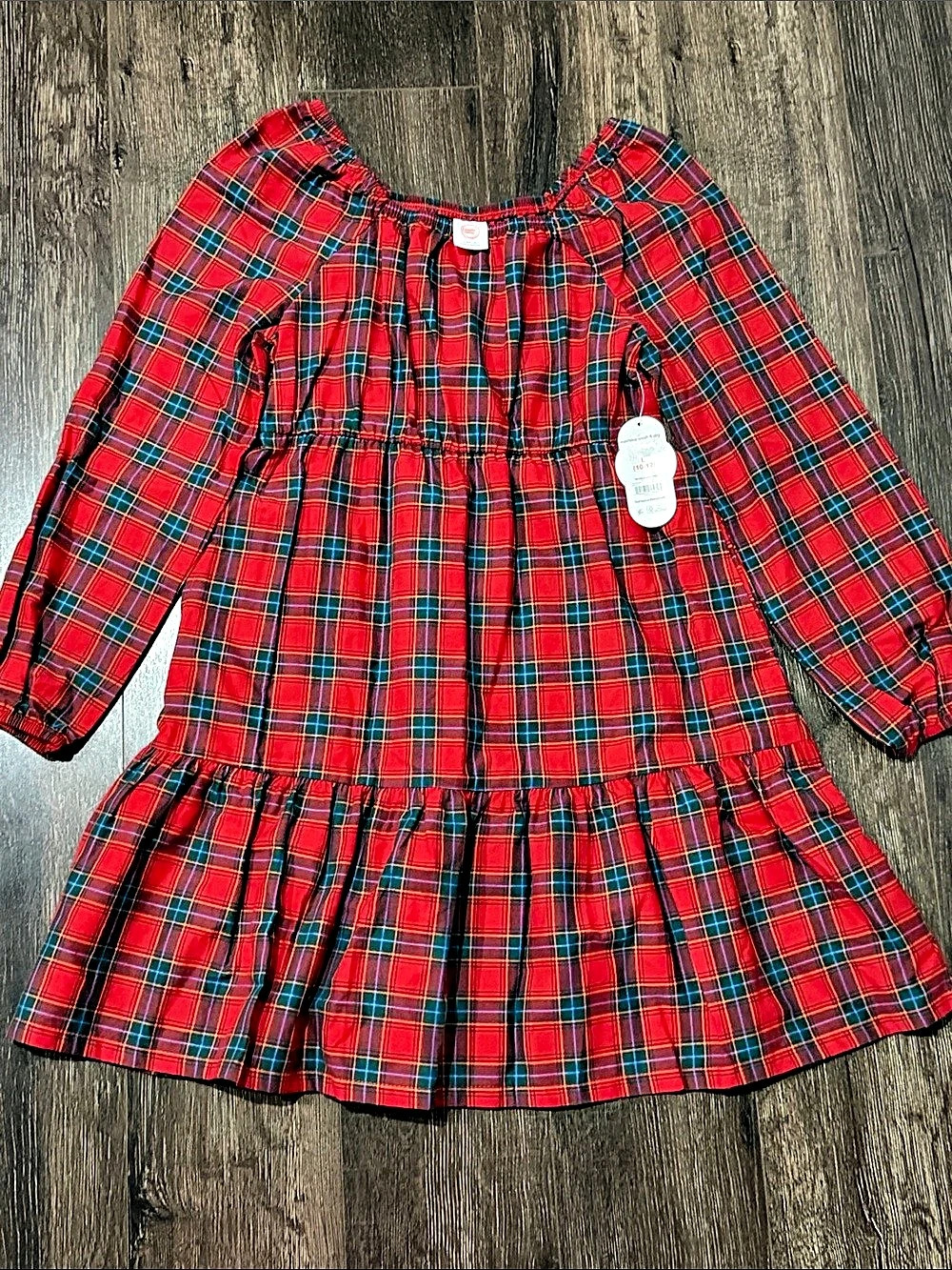 Wonder Nation Girls Long Sleeve Plaid Tiered Dress Red & Green